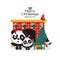 Happy pandas in Santa hats. Merry Christmas and Happy New Year card.