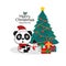 Happy pandas in Santa hats. Merry Christmas and Happy New Year card.