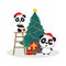 Happy pandas in Santa hats. Merry Christmas and Happy New Year card.