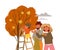 Happy Parents with Kid on Ladder Harvesting Gathering Ripe Apple Fruits from Tree Vector Illustration