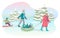 Happy parents are sledding kids in forest. Vector illustration concept