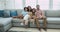 Happy parents and two preteen little kids sitting on sofa