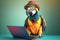 a happy parrot in hipster clothes with a laptop, created with Generative AI technology