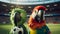 Happy Parrot Mascot And Friend In Soccer Stadium