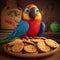 Happy parrot with various decorative cookies in animation style