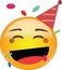 Happy party emoji celebrating birthday in a red hat and confetti flying around! Yellow face with a red party hat, broad smile as