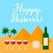 Happy Passover calligraphy hand lettering, desert landscape, four wine glasses and matzo. Vector template for Jewish holiday