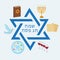 Happy Passover greeting card with torus, menorah, wine, matzoh, seder. Holiday Jewish exodus from Egypt. Pesach template