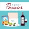 Happy Passover in hebrew Jewish holiday banner tamplate with wine, seder plate, matzo backgroun