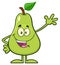 Happy Pear Fruit With Green Leaf Cartoon Mascot Character Waving For Greeting.