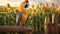 Happy Pelican Poses On Farm Fence Post With Lush Cornfield Background