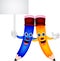 Happy pencil couple cartoon with blank sign