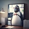 Happy Penguin Businessman Frame In Office. Generative AI