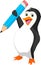 Happy penguin cartoon holding blue pencil