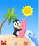 Happy penguin cartoon holding surfboard