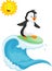 Happy penguin cartoon surfing