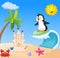 Happy penguin cartoon surfing