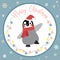 Happy Penguin merry christmas with light bulbs on blue background