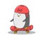 Happy penguin with red helmet rides on skateboard