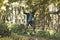 Happy pensioner fooling around in the park, active and cheerful lifestyle. Jump like a monkey. Film grain