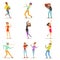Happy people characters celebrating, dancing and having fun at a birthday party set of colorful characters vector