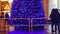 Happy people communicate and photographed near blue Christmas tree in city closeup