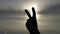 Happy people enjoying nature. Peace two fingers hand sign in front of a sunset in slow motion