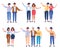Happy people group portrait. Friends waving hands, couples embracing each other vector illustration