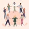 Happy people holding hands together flat vector illustration. Adult men and women standing in circle cartoon characters