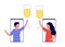 Happy people online meeting, dating couple distance in smartphones. Man and woman with wineglasses in hands drink