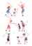 Happy people playing tennis set. Children training with rackets and ball cartoon vector illustration