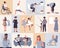 Happy people set, man woman dance, try on sneakers or dress, overwork or do hobby yoga