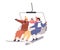 Happy people sitting in cable car with snowboards. Snowboarder friends in open cabin of rope cableway. Active smiling