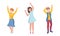 Happy people standing raising hands up set. Young women dancing, celebrating, supporting, participating vector