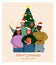 Happy peoples with presents near Christmas tree. Beautiful element for your New Year design. Christmas eve, happy celebraite, offi