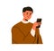 Happy person looking at smartphone in hand, reading message, surfing internet. Smiling man holding mobile phone