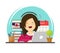 Happy person studying or working on desk on workplace via laptop vector, flat cartoon student or school girl sitting and