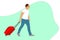 Happy person traveling with luggage. Tourist leaving with suitcase. Colored flat illustration of male traveler isolated