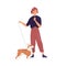 Happy pet owner standing with her small dog on leash. Young woman and short-legged doggy of Corgi breed. Flat vector