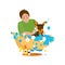 Happy pet owner Young man washing Yorkshire terrier in bubble bath. Grooming service. Cartoon illustration on white