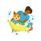 Happy pet owner Young woman washing Corgi in bubble bath. Grooming service. Cartoon illustration on white background