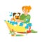 Happy pet owner Young woman washing Pug in bubble bath. Grooming service. Cartoon illustration on white background
