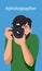 Happy photographer is taking a photo. Hashtag photographer concept. Flat vector illustration