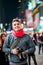 Happy Photographer Visiting Time Square in New York and Looking
