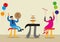 Happy Pi Day concept. People are celebrating with Pi Greek Letter symbol made as chairs, food and tables. Editable Clip Art.