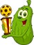 Happy Pickle Cartoon Character Holding A Pickleball Trophy