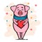 Happy pig with scarf and heart in hands for Chinese new year or Christmas or Valentines love day greeting card, holiday poster, br