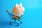 Happy piggy bank in a shopping cart. Optimism and joy from shopping. Credits and loans. Wealth and prosperity. Sale, favorable