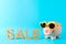 Happy piggy bank with sunglasses and inscription SALE on color background, space for text