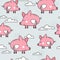 Happy pigs with wings, decorative cute background. Colorful seamless pattern with animals, clouds